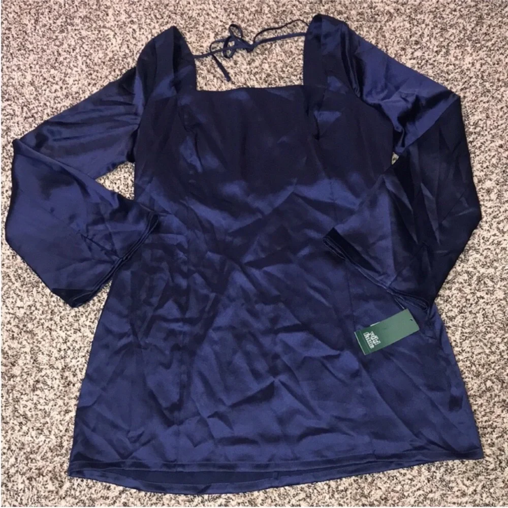 Wild Fable Bell Sleeve Low Tie Back Navy Pleated Mini Dress Size Large | NWOT - Picture 2 of 8